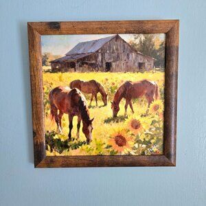 New Original Art Horses Barn Digital Print 8x8" Framed Farmhouse Rustic OOAK